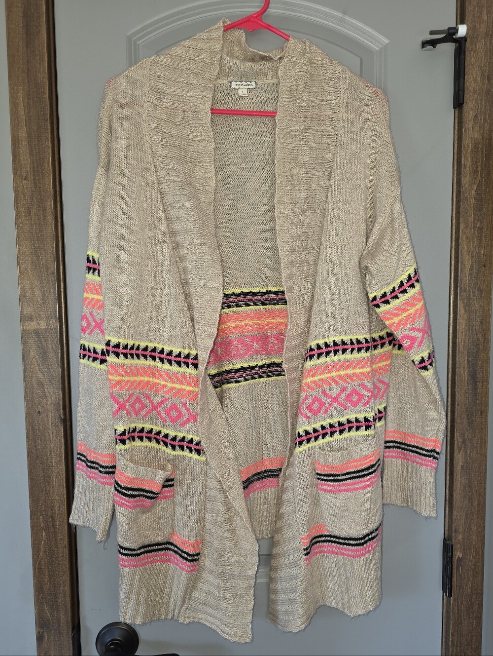 Eyeshadow Beige Open-Front Cardigan with Neon Pink & Coral Accents